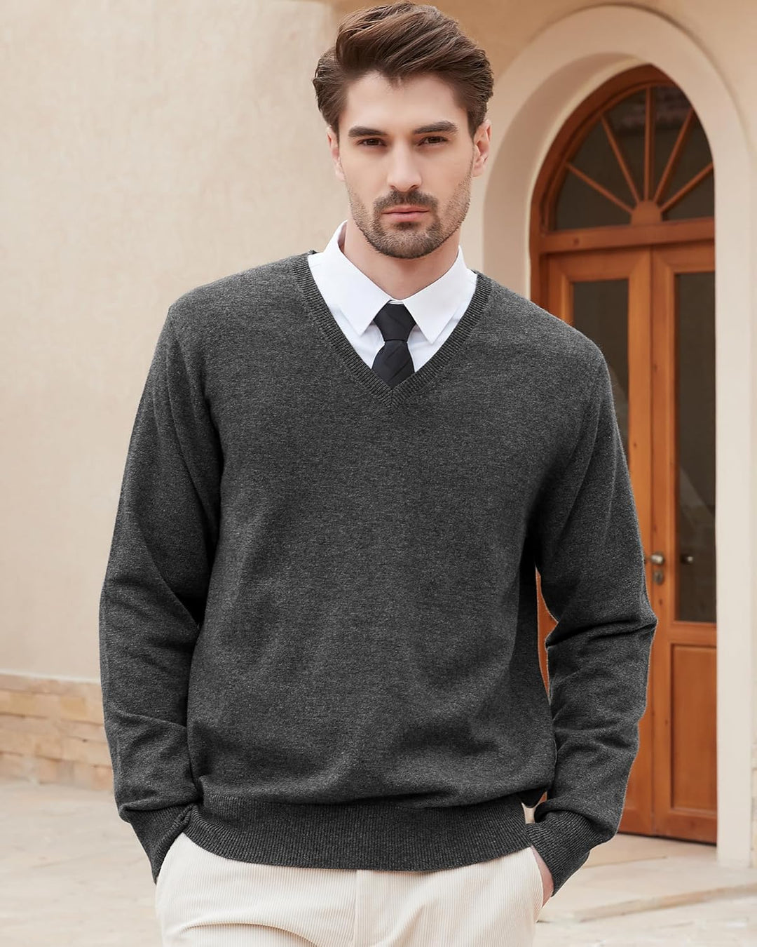 Kallspin Herren Strickpullover aus Wollmischung V-Ausschnitt Langarm Comfort Fit Pullover M Grau, M