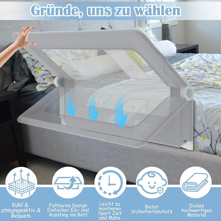 NAIZY Rausfallschutz Bett Rail 180cm Klappbar Bettgitter Baby mit Aufbewahrungstaschen, Bettschutzgi