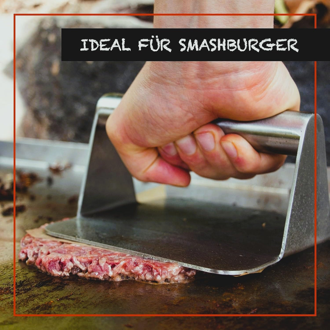 DREIBERG® Grillpresse Set inkl. Burgerpapier – Burgerpresse Edelstahl für Smash Burger. Burger Smash