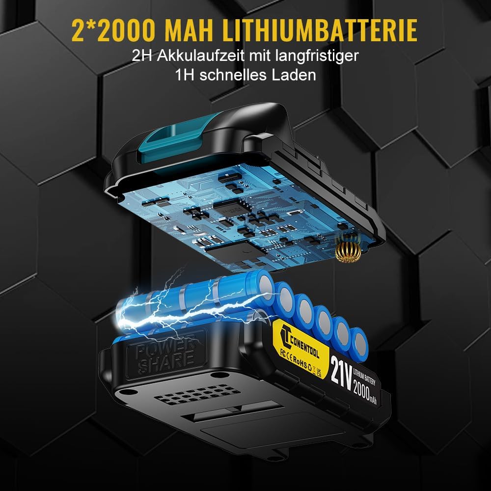 CONENTOOL 21V Akkuschrauber Set, Akku bohrschrauber mit 2x 2000mAh Akkus, 45 N.m Max schlagbohrschra