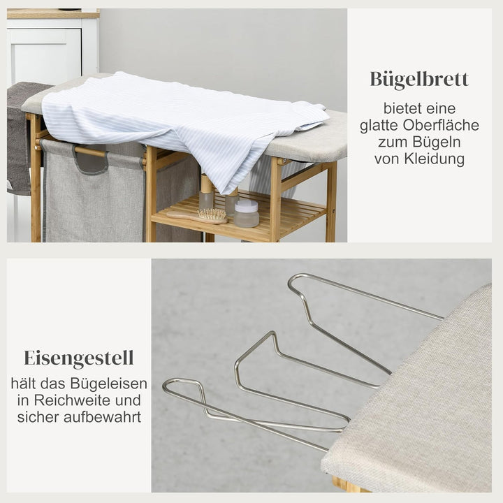HOMCOM Wäschekorb 57,4 L Wäschesammler mit Bügelbrett und Bügeleisen, Wäschebox mit 3-Ebenen-Regal,