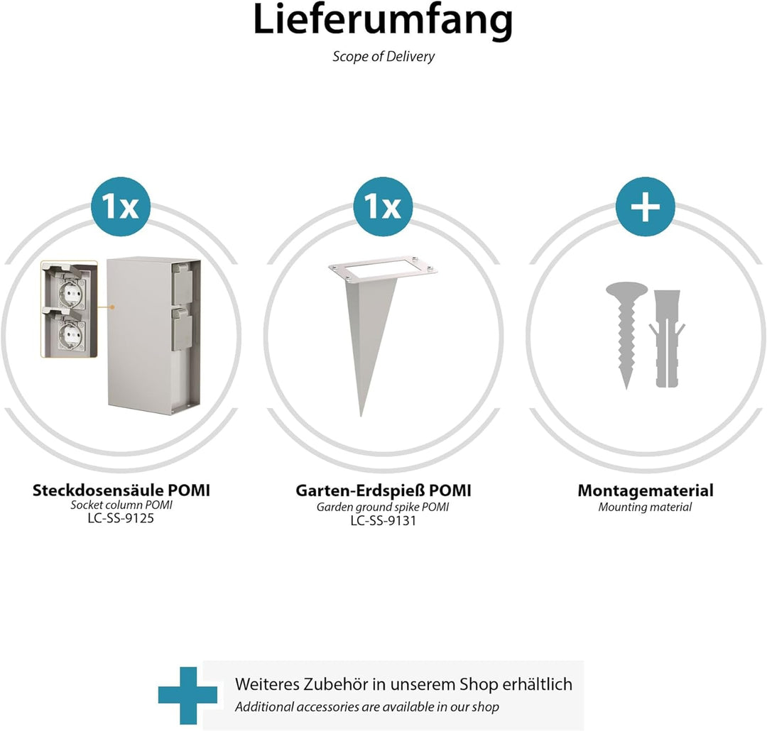 ledscom.de Gartensteckdose POMI mit Erdspiess, Outdoor, IP44, 4-fach, edelstahl, eckig, 23cm, 2 Stk.