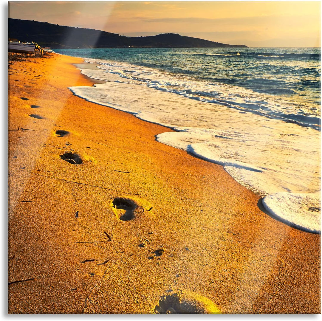 Glasbild | Wandbild auf Echtglas | Fussabdrücke im Strand | 50x50 cm | inkl. Aufhängung und Abstands