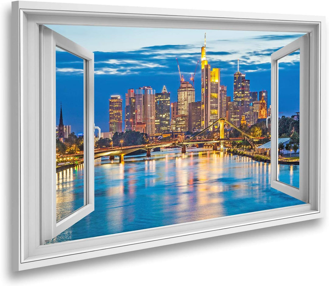 islandburner Bild auf Leinwand Fensterblick Schöne Aussicht auf die Skyline von Frankfurt am Main be