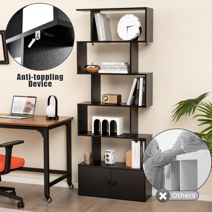 HOMASIS Bücherregal mit 5 Ebenen, Standregal mit Schrank & 2 Türen, Aufbewahrungsregal aus Holz, Wan