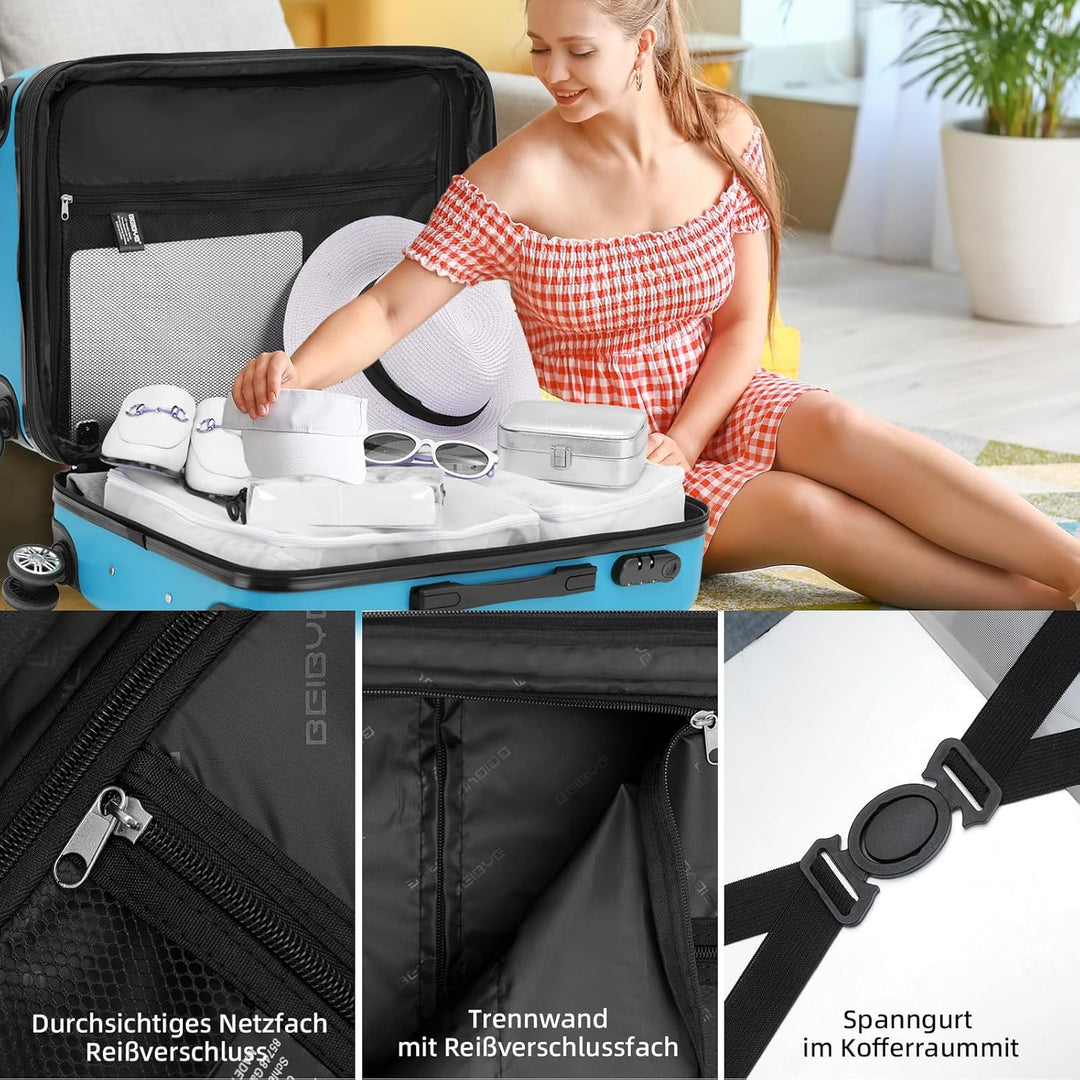 BEIBYE Zwillingsrollen 2066 Hartschale Trolley Koffer Reisekoffer Gepäck M-L-XL-Set (Türkis, M) Türk