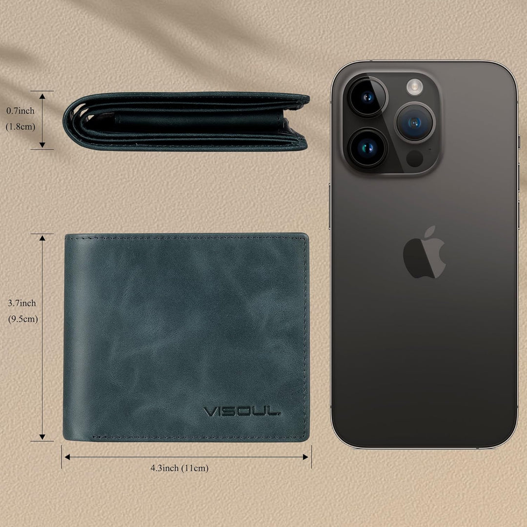 VISOUL Leder Geldbörse Herren mit ID-Fenster/Münzfach & RFID Schutz I Echtleder Geldbeutel für Männe