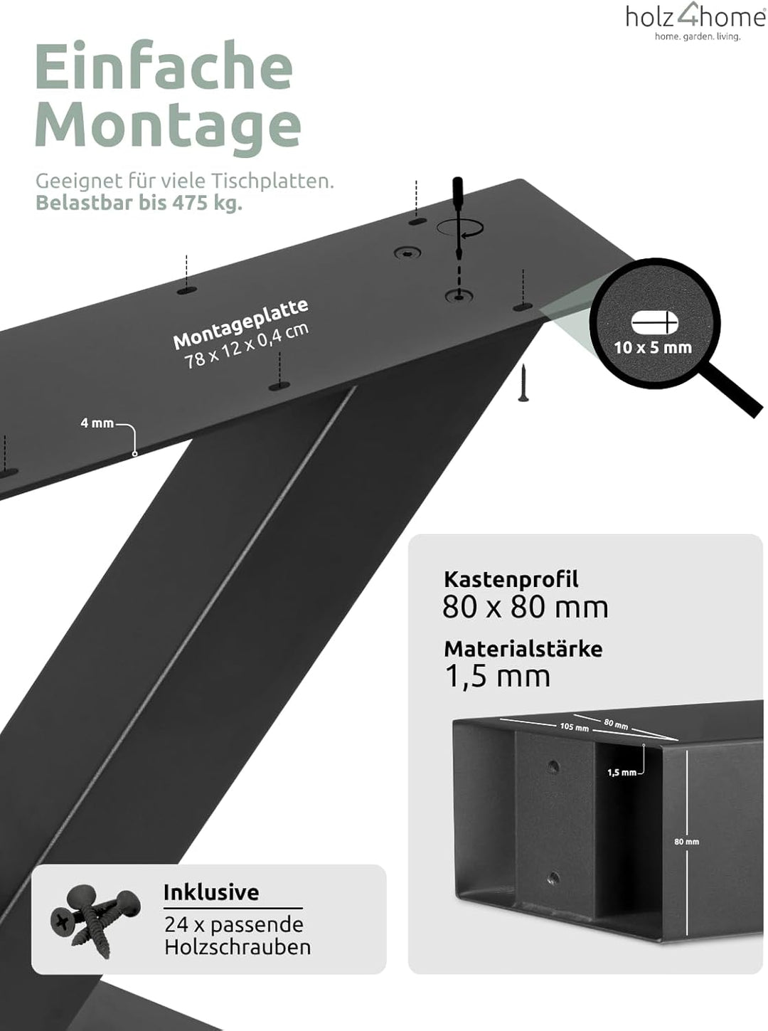 holz4home® Hora X-Tischbeine 1 Paar (2 Stück) in Schwarz Pulverbeschichtet I Höhe: 78 cm I Universal