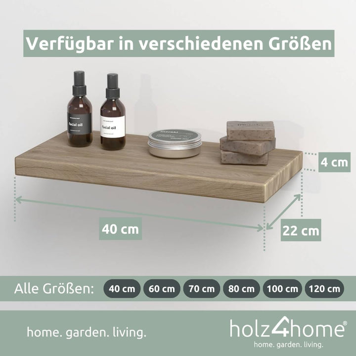 holz4home® Wandregal ohne Baumkante 40 cm Länge, Hellgrau Geölt I Schweberegal mit Befestigung im mo