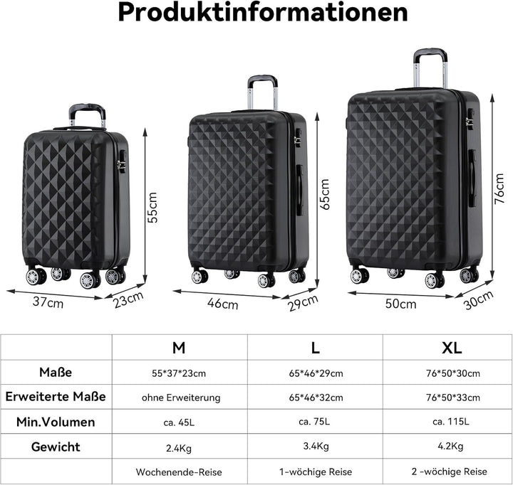 BEIBYE Zwillingsrollen 2066 Hartschale Trolley Koffer Reisekoffer Gepäck M-L-XL-Set (Schwarz, L) Sch