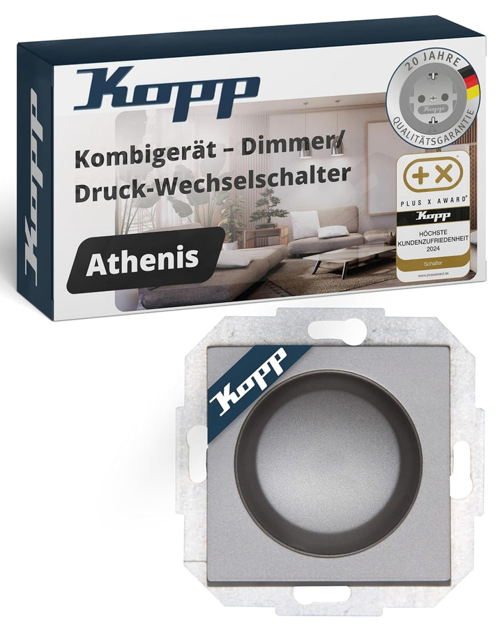 Kopp Athenis Stahl, Druck-Wechsel-Schalter, Kombigerät, LED-Dimmer, für Glüh-Lampen, 230V Halogenlam