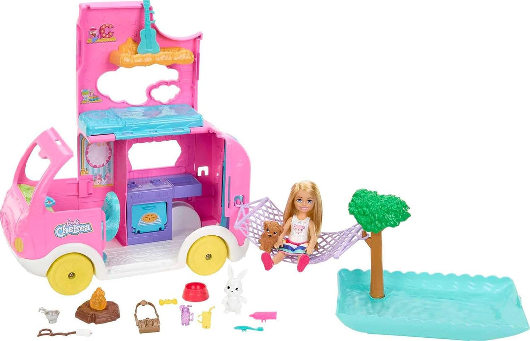 BARBIE Chelsea 2-in-1-Camper - Spielzeugfahrzeug mit Pool, Hängematte und Essbereich, für fantasievo