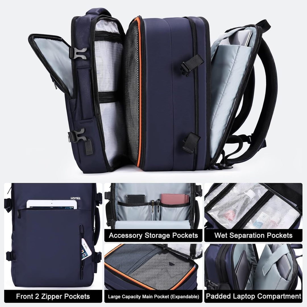 HOMIEE Handgepäck Reiserucksack, Supergross Laptop Rucksack Erweiterbar Diebstahlsicher Wasserabweis