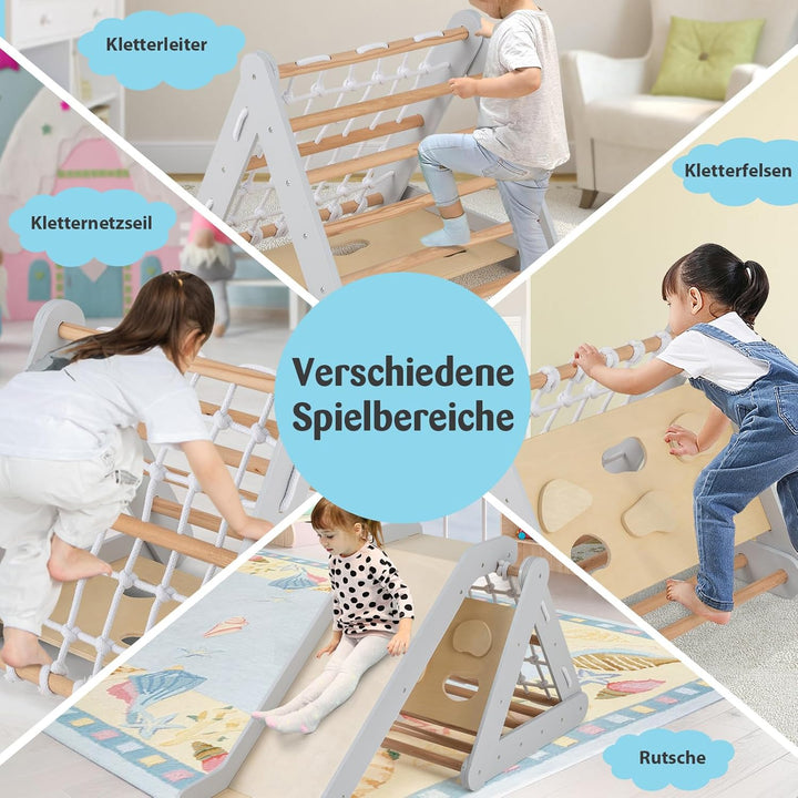 COSTWAY 4 in 1 Kletterdreieck mit Rutsche, Klettergerüst aus Holz, Sprossendreieck zum Rutschen und