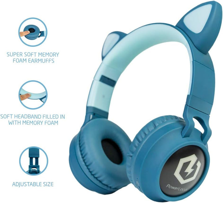 PowerLocus Bluetooth Kopfhörer Kinder, LED Katzenohren, 85dB Sichere Lautstärke, Bluetooth 5.3, Micr