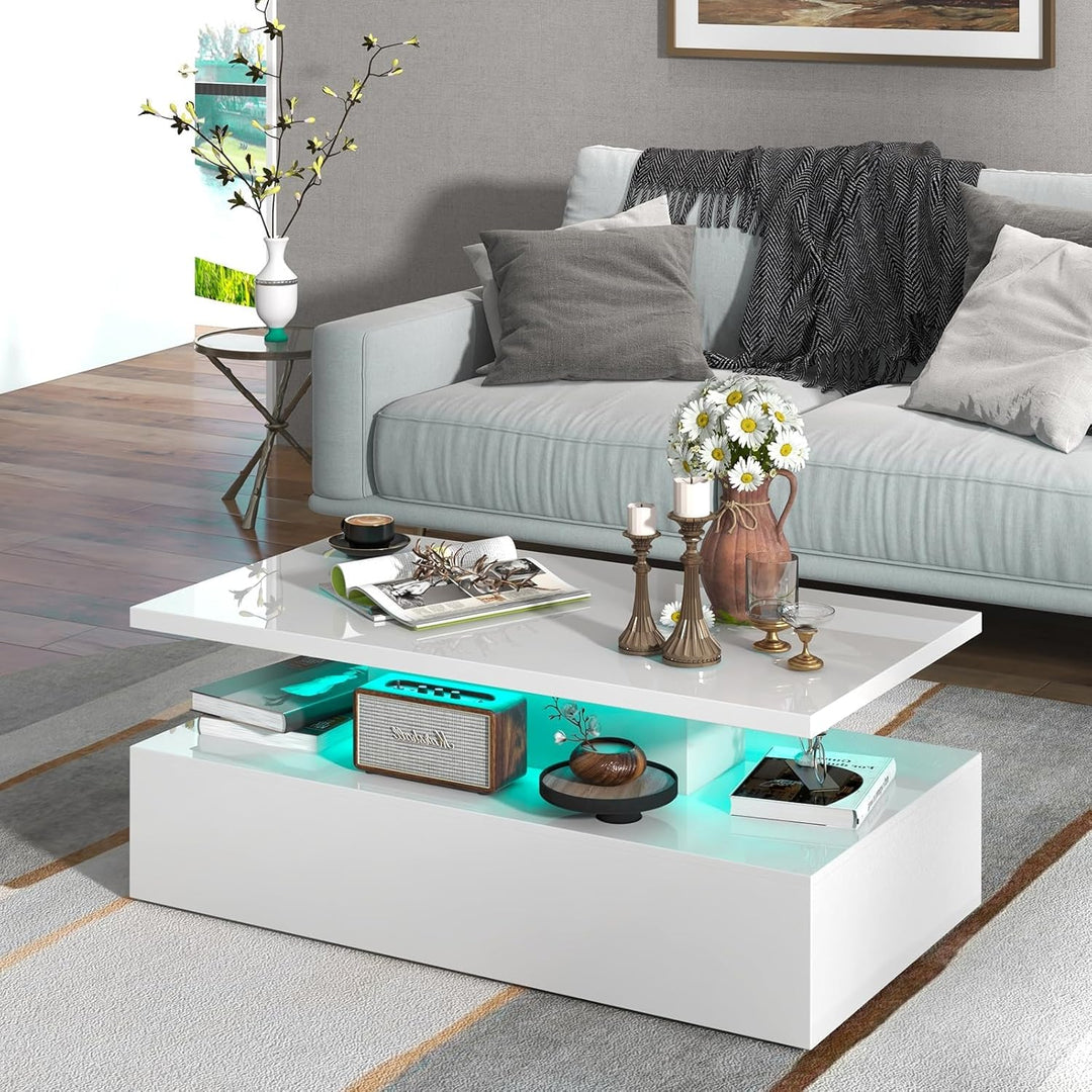 COSTWAY LED-Couchtisch Hochglanz, Wohnzimmertisch mit einstellbaren Lichtfarben & Helligkeit, Fernbe