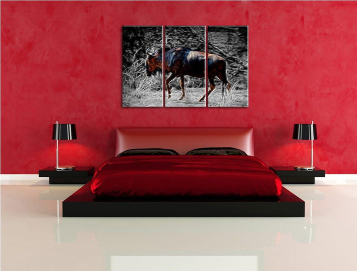 gigantische Kaffernbüffel in der Savanne schwarz/weiss Deluxe 3-Teiler Leinwandbild 120x80 Bild auf