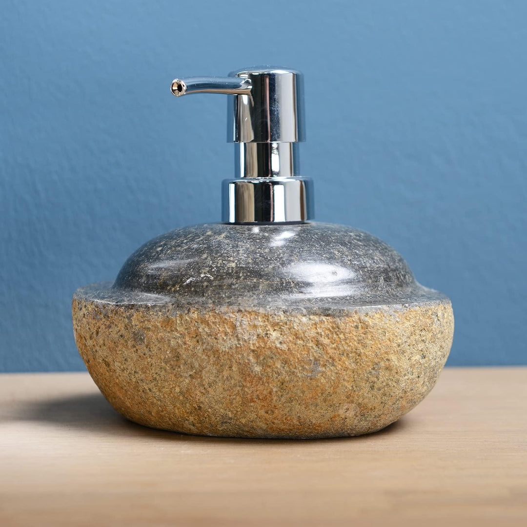 Wohnfreuden Flussstein Seifenspender 120 ml grau - Unikat Waschbecken Zubehör Bad WC Garten Naturste