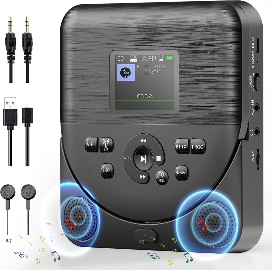 CD Player Tragbar, FELEMAN CD Player Bluetooth mit Lautsprechern/Kopfhörern/Display, wiederaufladbar