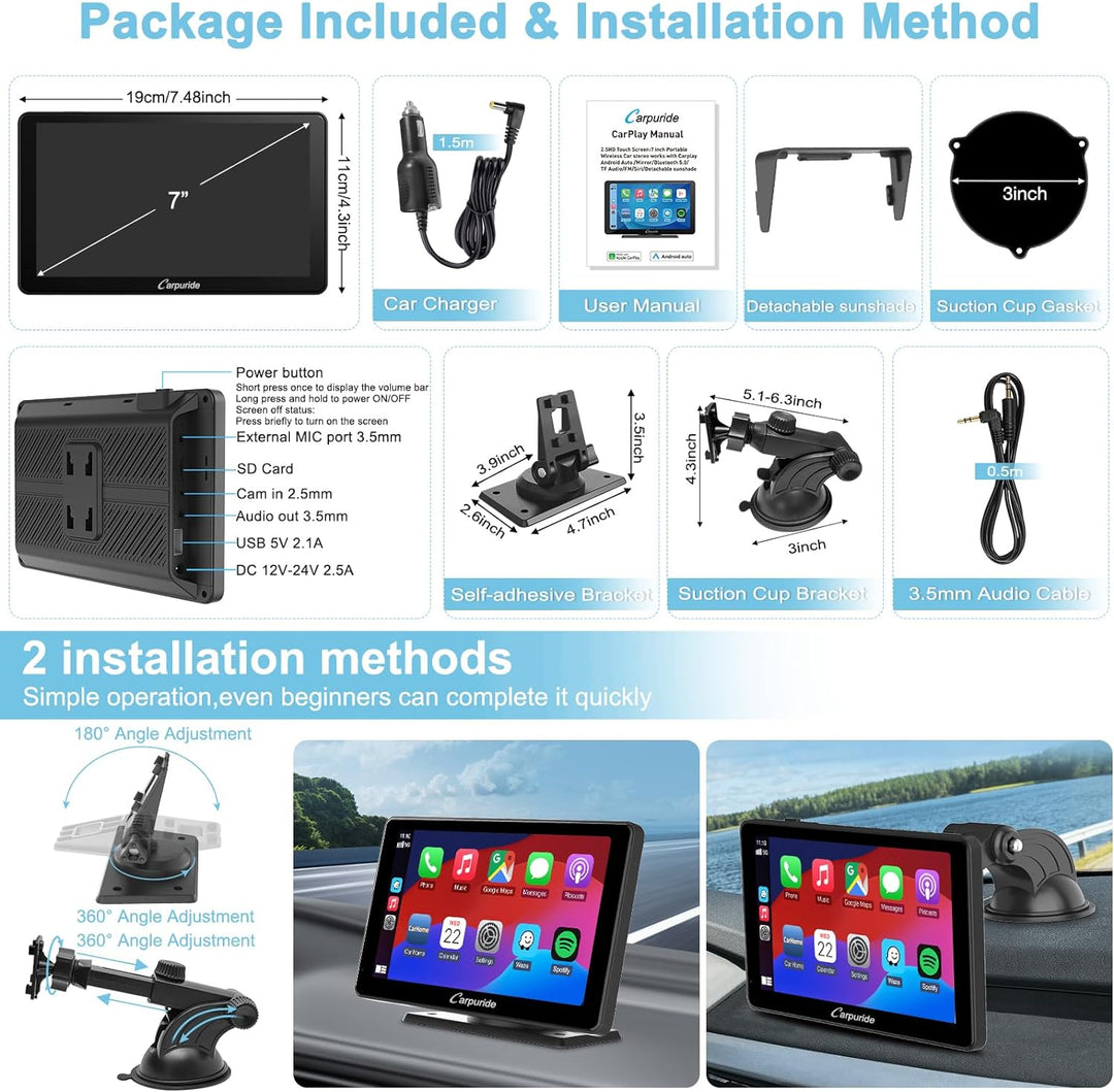 Carpuride C3 Wireless Apple Carplay & Android Auto Autoradio, Tragbares 7 Zoll HD Touchscreen Auto S