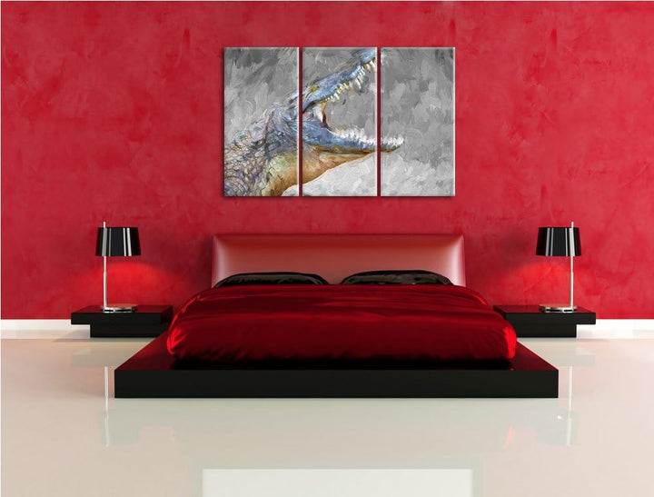 gewaltiges stolzes Krokodil schwarz/weiss Deluxe 3-Teiler Leinwandbild 120x80 Bild auf Leinwand, XXL