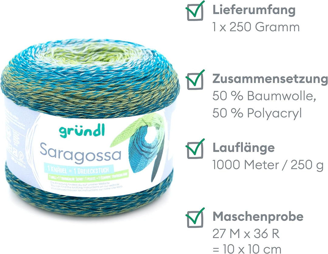Gründl Wolle Saragossa (weiches Farbverlaufsgarn aus 50% Baumwolle und 50% Polyacryl, 250 g / 1000 m