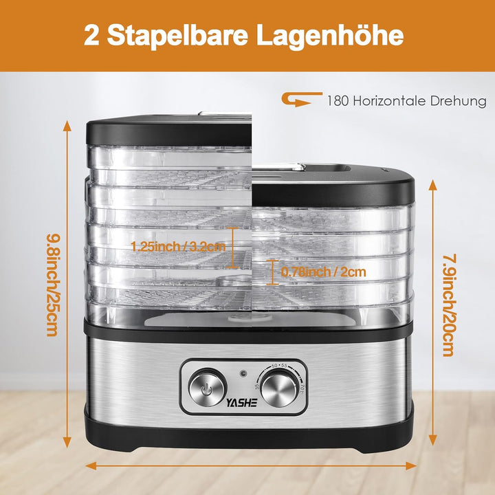 YASHE GGJ-261A Dörrautomat mit 5 höhenverstellbaren Tabletts, Temperaturregelung von 35-70°C, 240 Wa