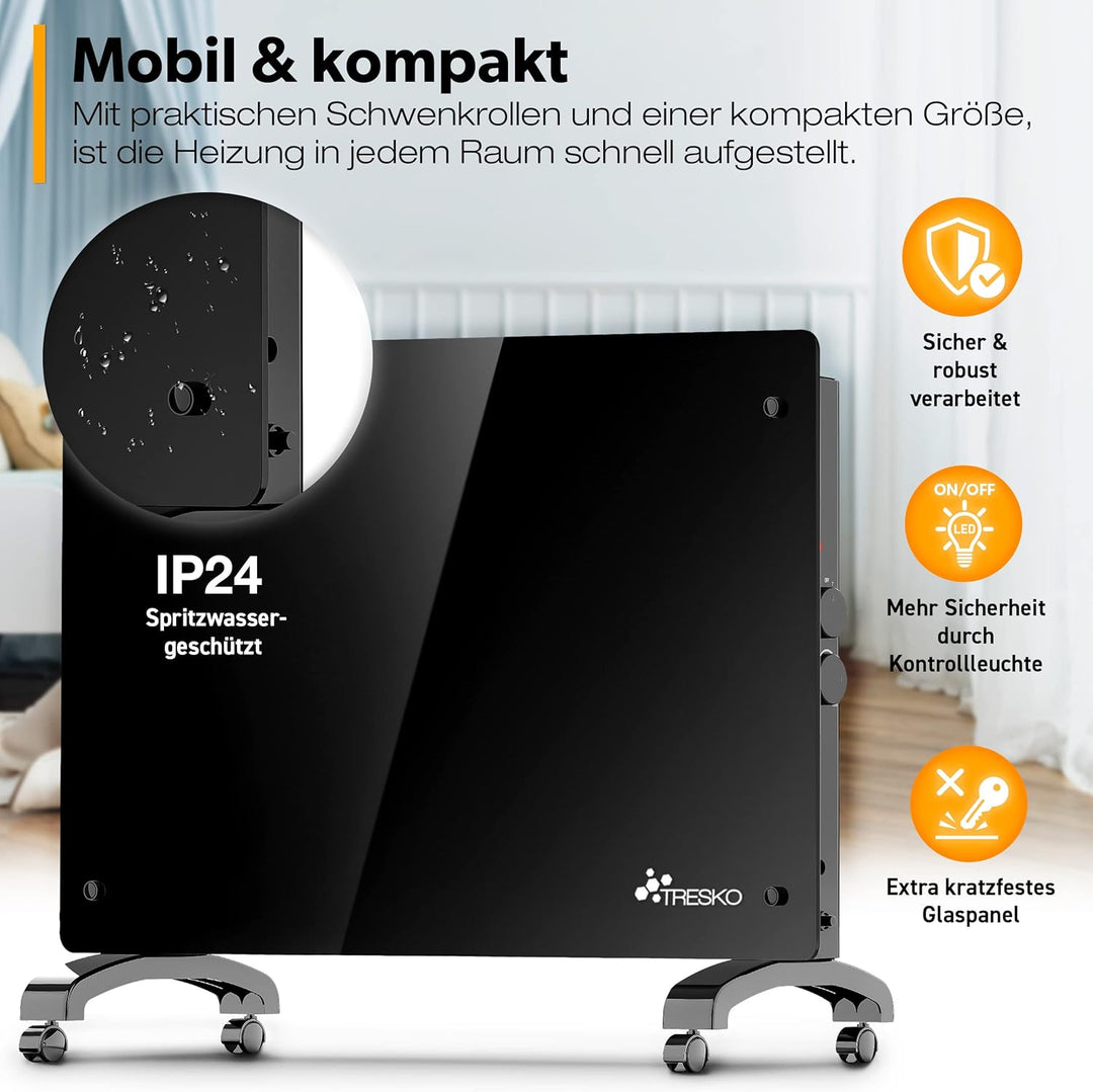 TRESKO® Glaskonvektor Elektroheizung 1500 Watt | Glasheizung elektrisch | Konvektor Heizung Heizkörp