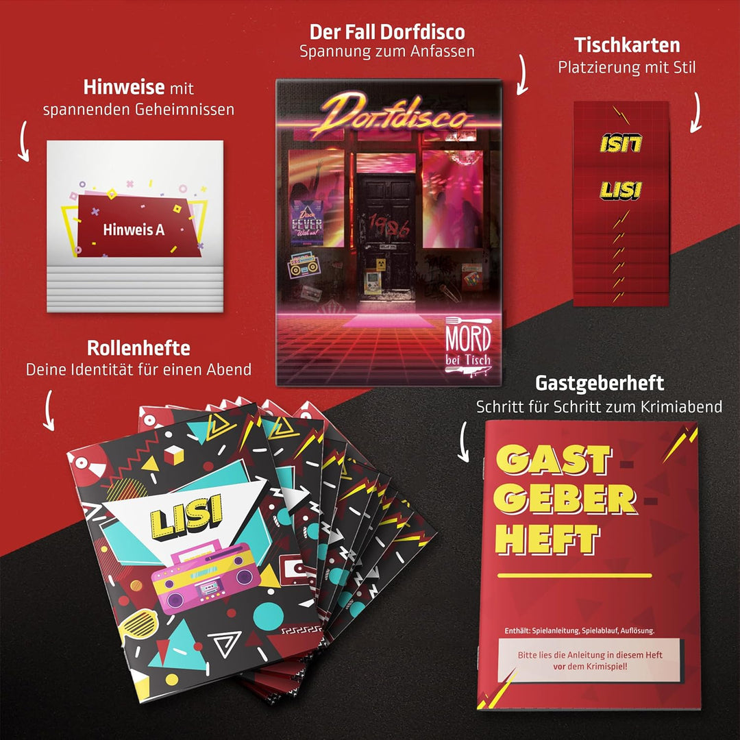 MORD bei Tisch Krimidinner für Zuhause - 4 bis 6 Personen - Der Dorfdisco Fall - Das Krimi Spiel ab