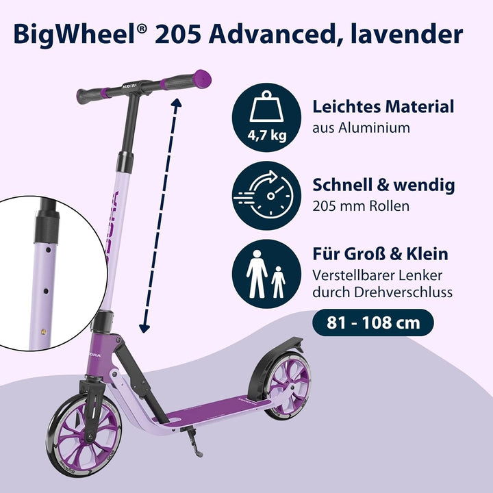 HUDORA BigWheel® 205 Advanced Scooter - Komfortabler Aluminium-Roller für bis zu 100kg - Höhenverste