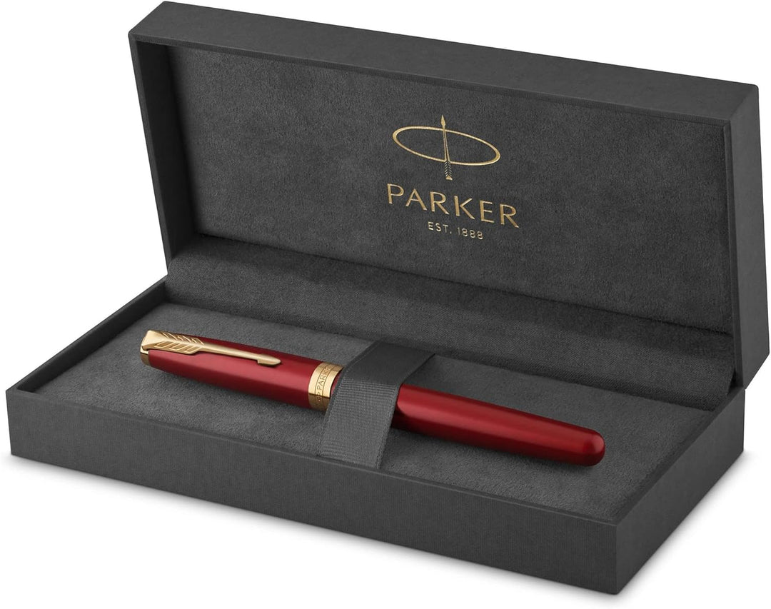 Parker Sonnet Tintenroller , Rote Lackierung mit Goldzierteilen , feine Spitze , Schwarze Tinte , Ge