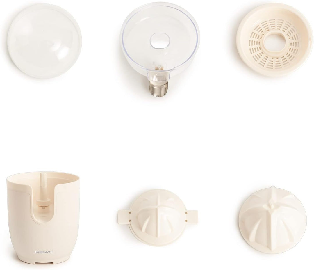 CREATE Elektrische Zitruspresse, weiss, 90 W, inklusive zwei Kegeln, Antitropfsystem und einem Tank