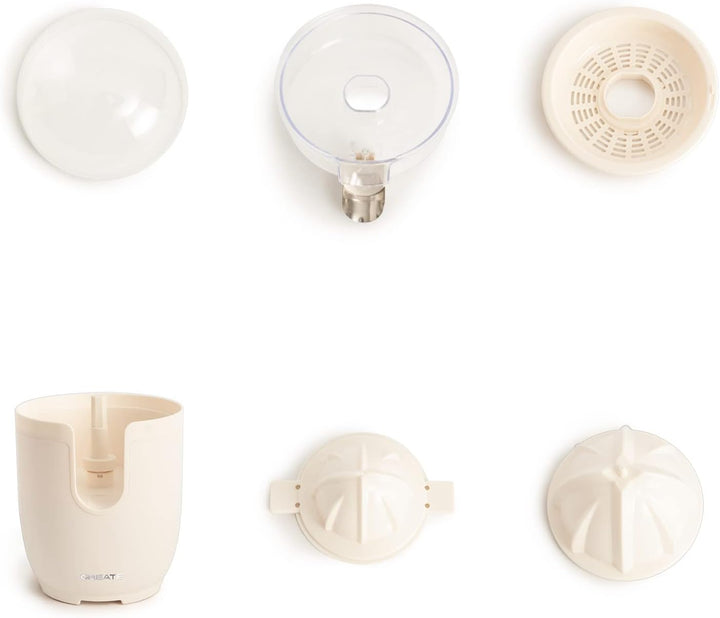 CREATE Elektrische Zitruspresse, weiss, 90 W, inklusive zwei Kegeln, Antitropfsystem und einem Tank