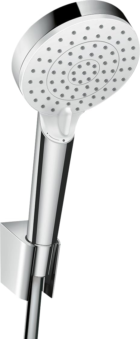 hansgrohe Crometta Duschkopf inkl. Duschkopfhalterung, 2 Strahlarten, Weiss/Chrom, Set mit Brausesch