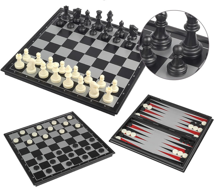 Andux Faltbares magnetisches DREI-in-einem-Brettspiel-Set, Schach, Backgammon, Dame CXYXQ-02 (L) L:3