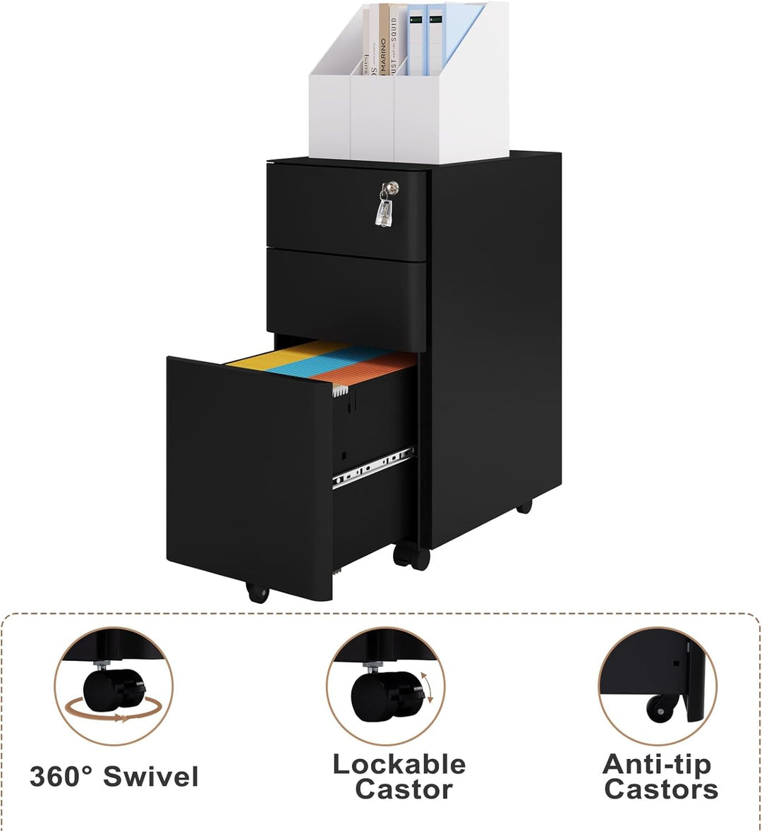 WOLTU Rollcontainer, Aktenschrank abschliessbar, Büroschrank Rollschrank, Schrank mit 3 Schubladen 5