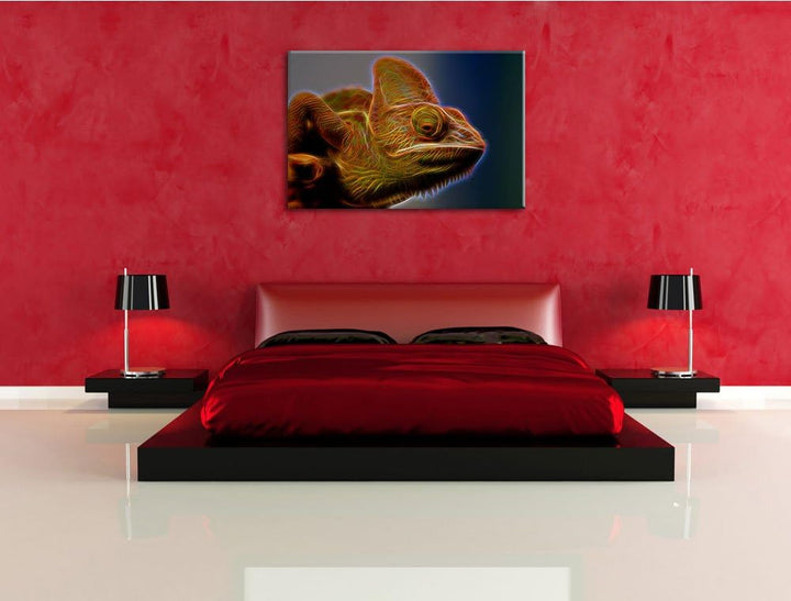 gelbes Chamäleon Deluxe Format: 100x70 cm auf Leinwand, XXL riesige Bilder fertig gerahmt mit Keilra