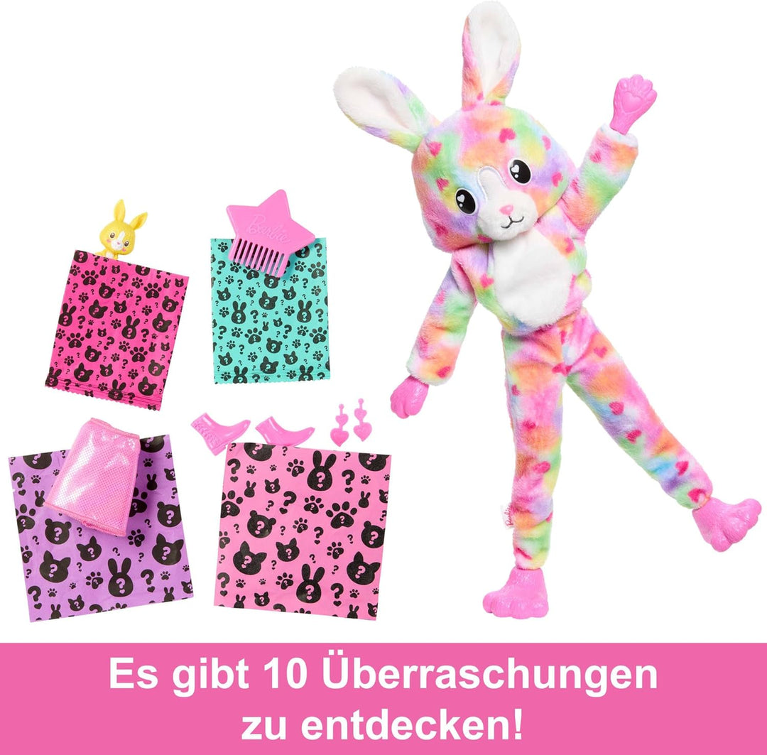 Barbie Cutie Reveal Puppe und Accessoires, Batik-Häschen-Plüschkostüm und 10 Überraschungen mit Farb