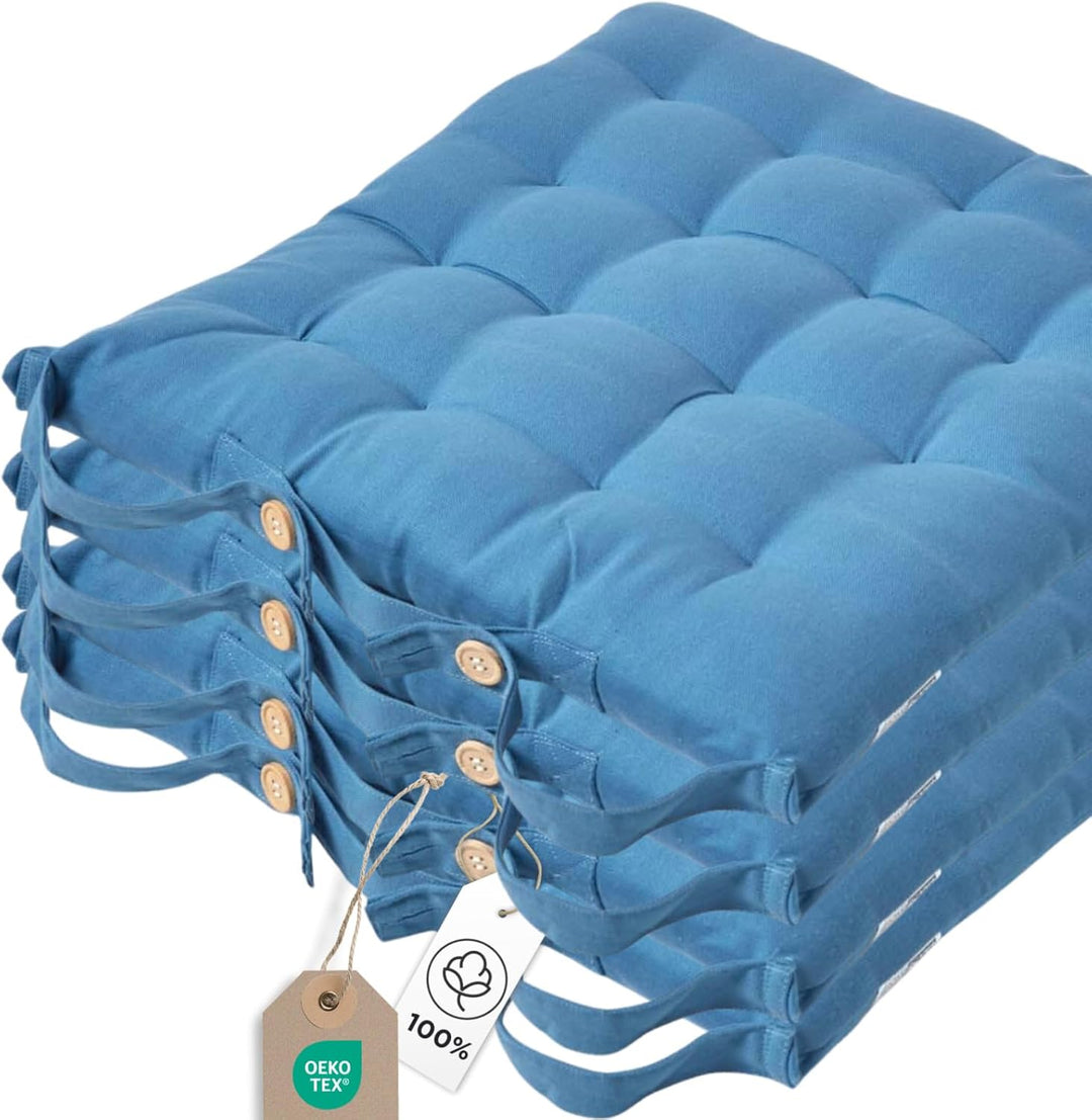 Homescapes 4er Set Stuhlkissen 40 x 40 cm, himmelbau, Sitzkissen mit Bändern und Knopfverschluss, ei