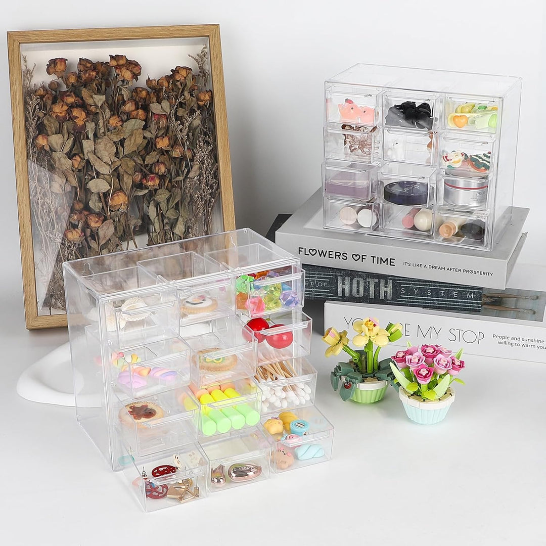 SUPAWAY 2Pcs Acryl Desktop Aufbewahrung Mini Organizer mit 12 Schubladen Klare Desktop Handwerk Schu