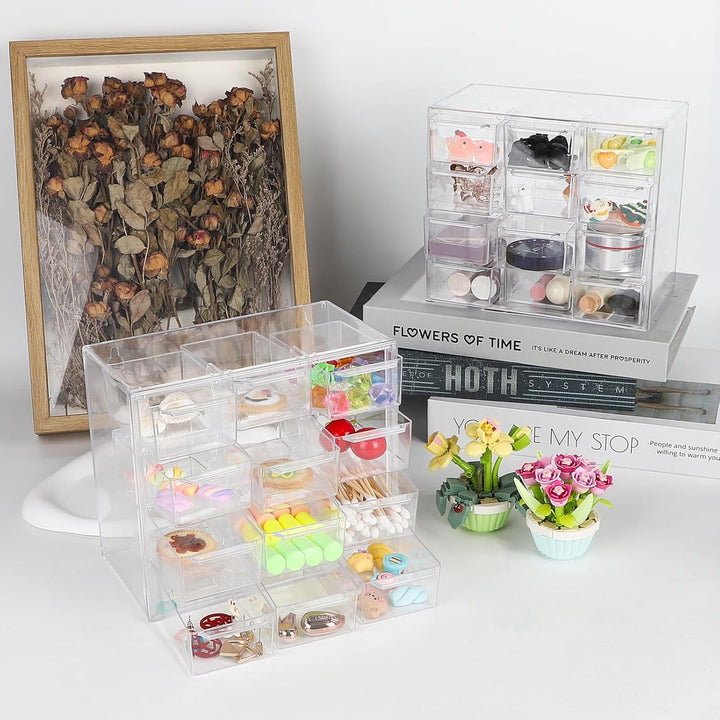 SUPAWAY 2Pcs Acryl Desktop Aufbewahrung Mini Organizer mit 12 Schubladen Klare Desktop Handwerk Schu