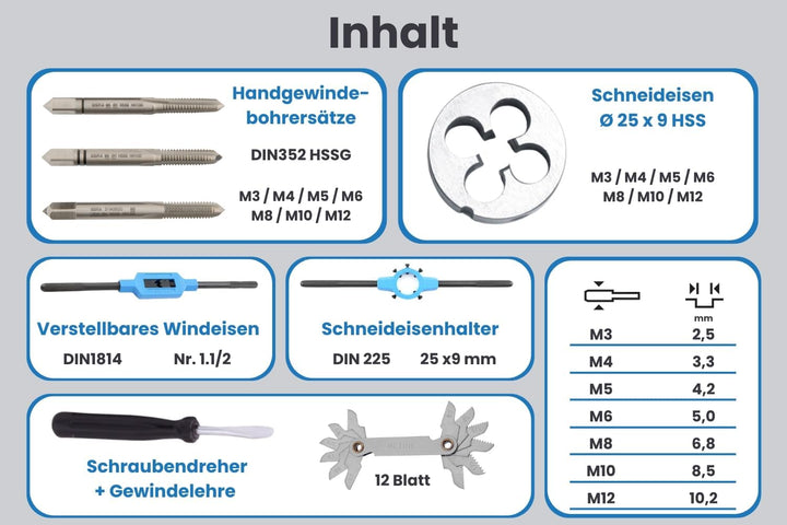 GSR PROFI 32 teilig Gewindeschneider Set metrisch M3 bis M12 HSSG | Handgewindebohrer, Gewindeschnei