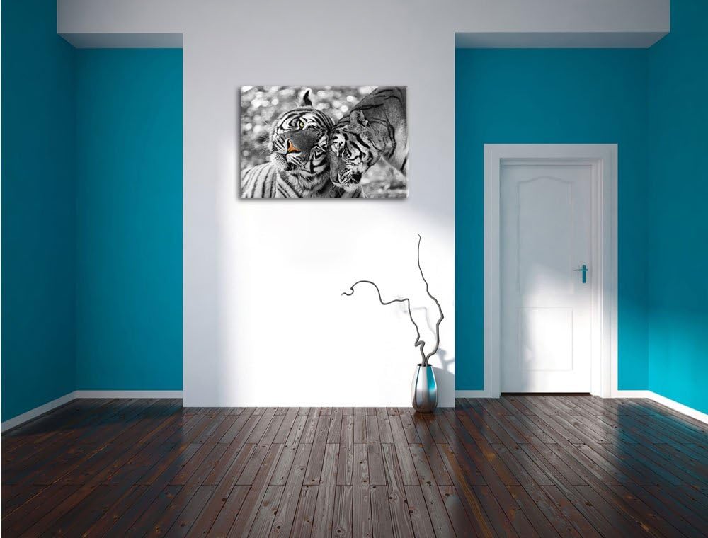 Pixxprint Zwei liebkosende Tiger B&W Detail, Format: 100x70 auf Leinwand, 100x70