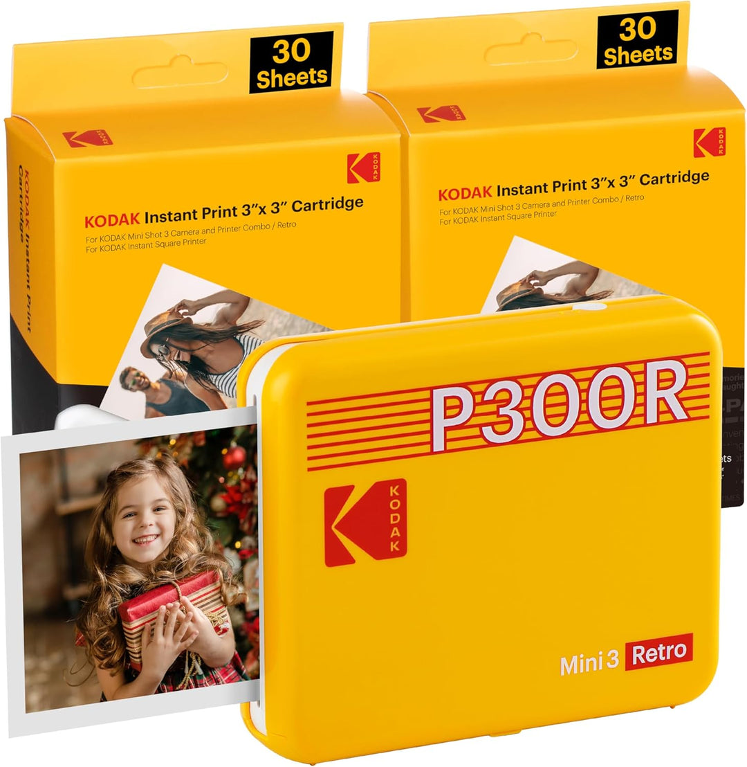 KODAK Mini 3 Retro 4PASS Fotodrucker, tragbar (7,6 x 7,6 cm) – Paket mit 68 Blättern, Gelb Imprimant
