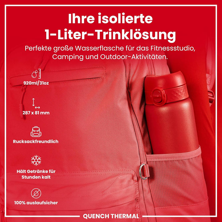 Ion8 Vakuumisolierte Edelstahl-Trinkflasche, 1 Liter, 920 ml, Auslaufsicher, Einhandöffnung, Sichere