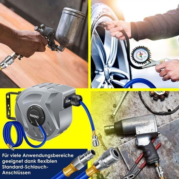 MASKOยฎ 10m Druckluftschlauch Aufroller automatisch 1/4" Anschluss - Schlauchtrommel Wandschlauchhalt