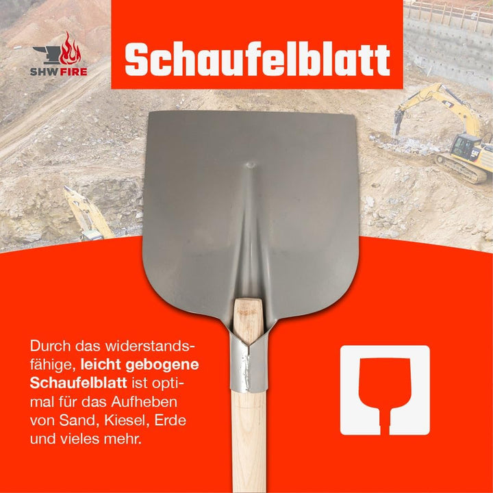 SHW FIRE | Holsteiner Schaufel - gehärteter Spezialstahl, gebogenes Schaufelblatt, 130 cm Eschenholz