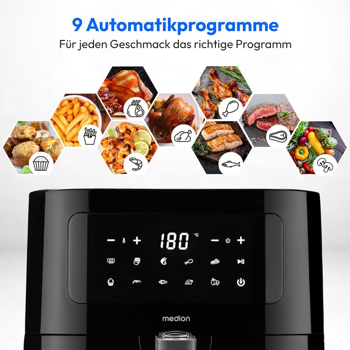MEDION E40 XL Heissluftfritteuse (5,2 Liter Frittierkorb, 2.150 Watt, 9 Automatikprogramme, Backfunk