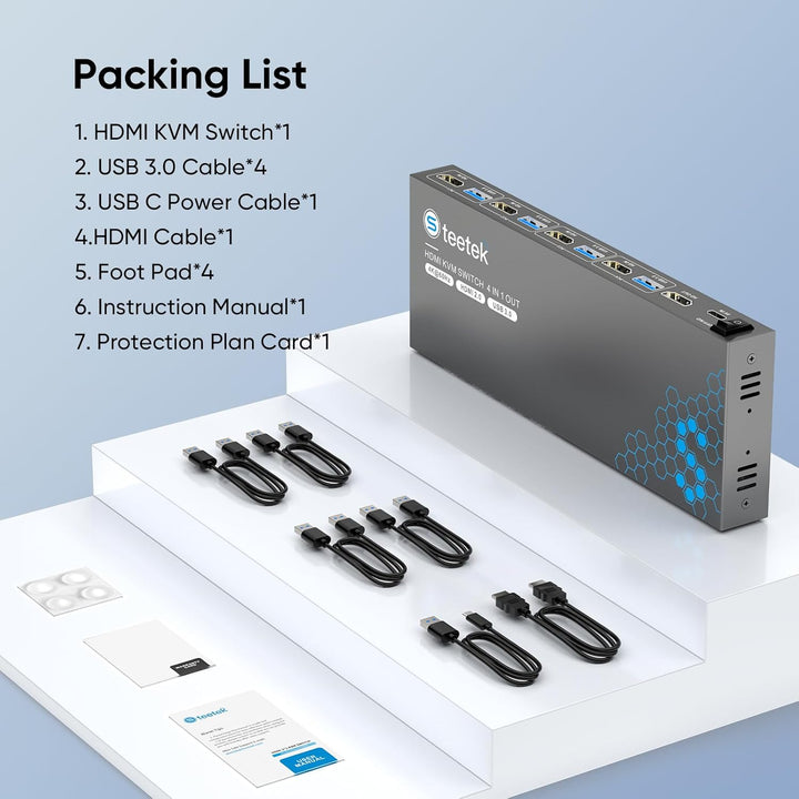 4 Port HDMI KVM Switch 4 PC 1 Monitor, USB 3.0 KVM Switch 4K@60Hz für 4 Computer teilen sich 1 Tasta