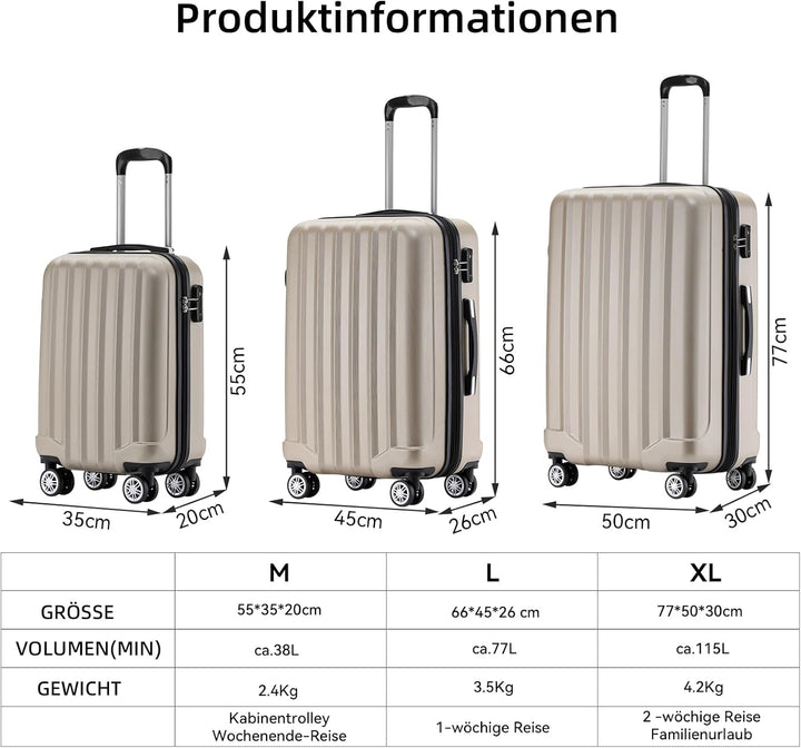 BEIBYE TSA-Schloss 2080 Zwillingsrollen 3 TLG. Reisekofferset Koffer Kofferset Trolley Trolleys Hart